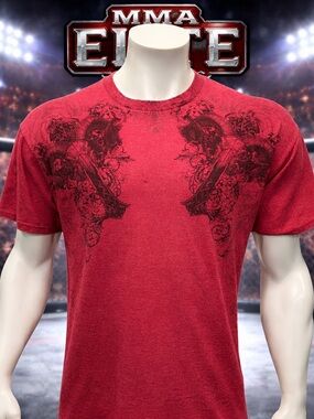 Vintage MMA ELITE Y2K Red Gothic Cross Double Sided Graphic T-Shirt Tee Size LG